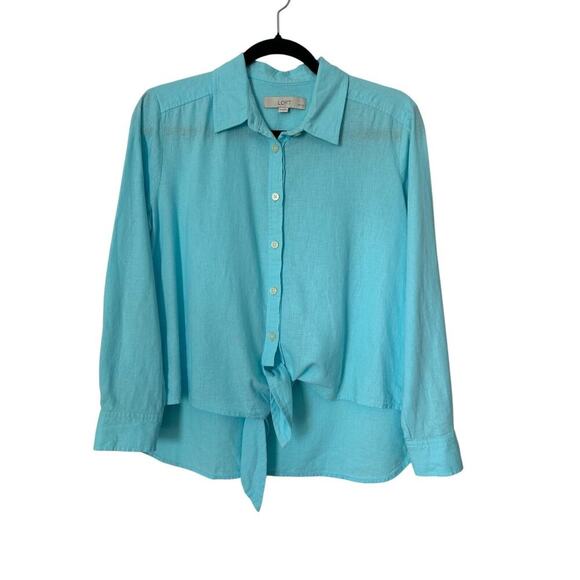 Loft Petite Top Size MP Blue Linen Blend Tie Front Everyday Shirt Button Front - Picture 1 of 10